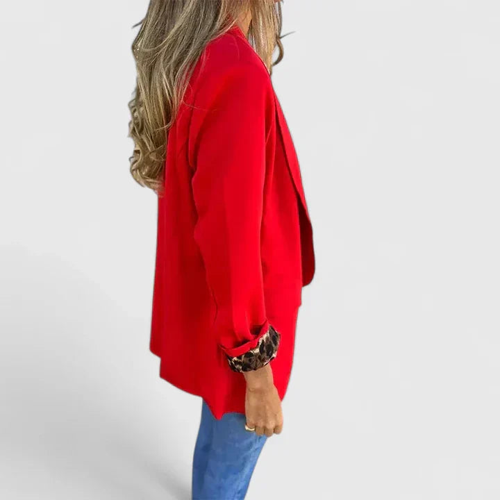 Women's Classic Red Open Front Blazer with Leopard Trim