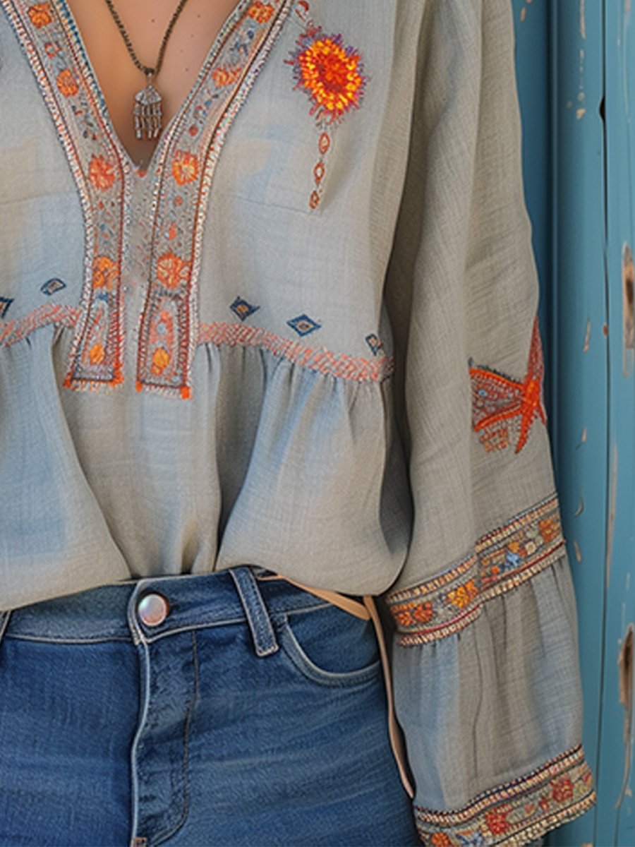 Women's Boho Embroidered Flowy Blouse - Effortless Artisan Style