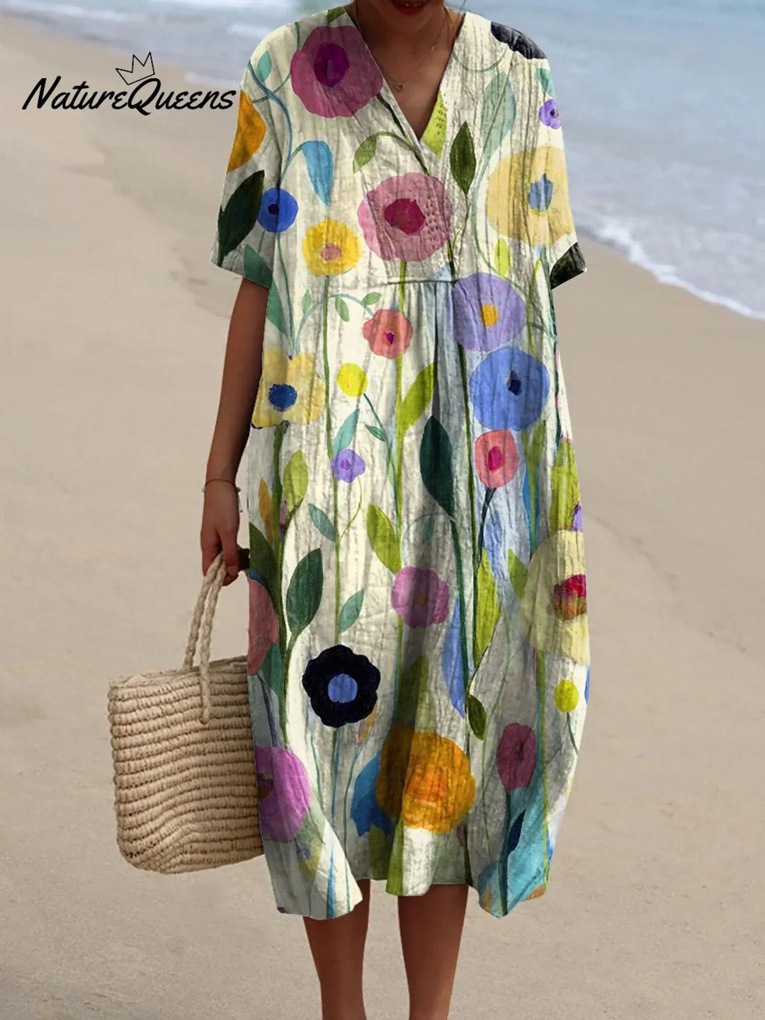 Women's Watercolour Floral V-Neck Dress – Short Sleeve