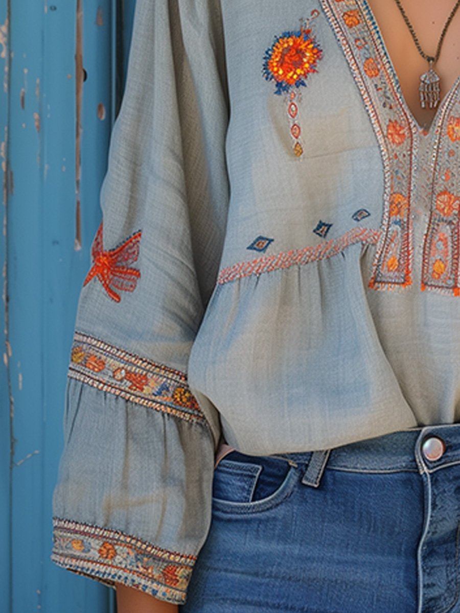 Women's Boho Embroidered Flowy Blouse - Effortless Artisan Style
