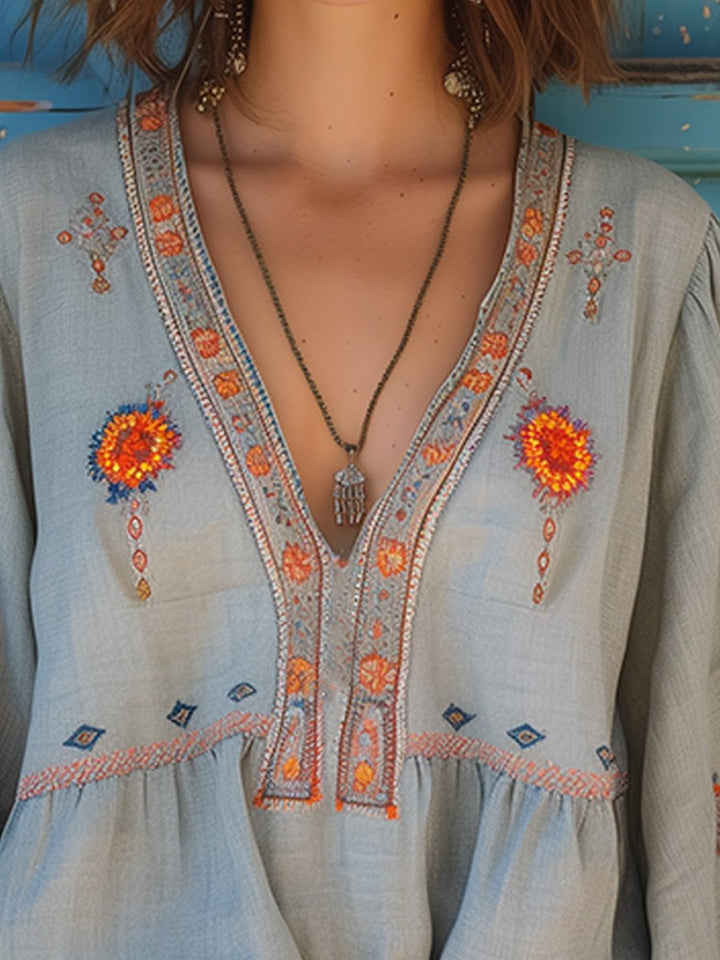 Women's Boho Embroidered Flowy Blouse - Effortless Artisan Style