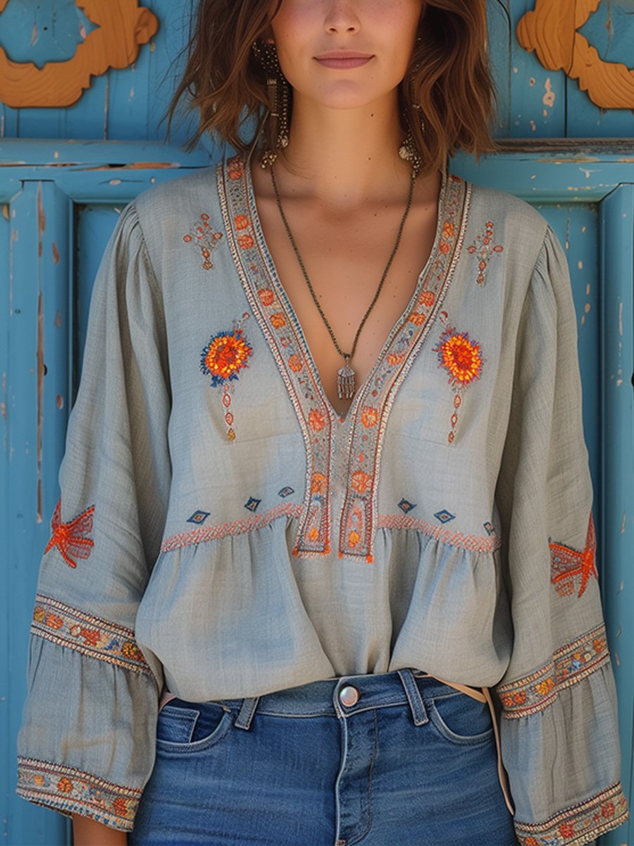 Women's Boho Embroidered Flowy Blouse - Effortless Artisan Style