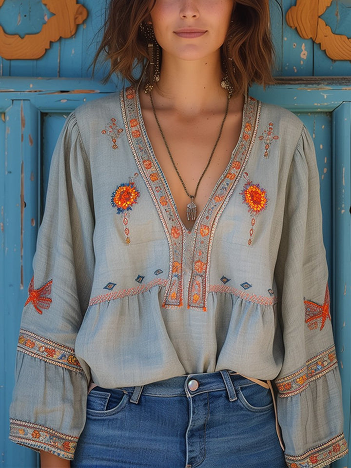 Women's Boho Embroidered Flowy Blouse - Effortless Artisan Style