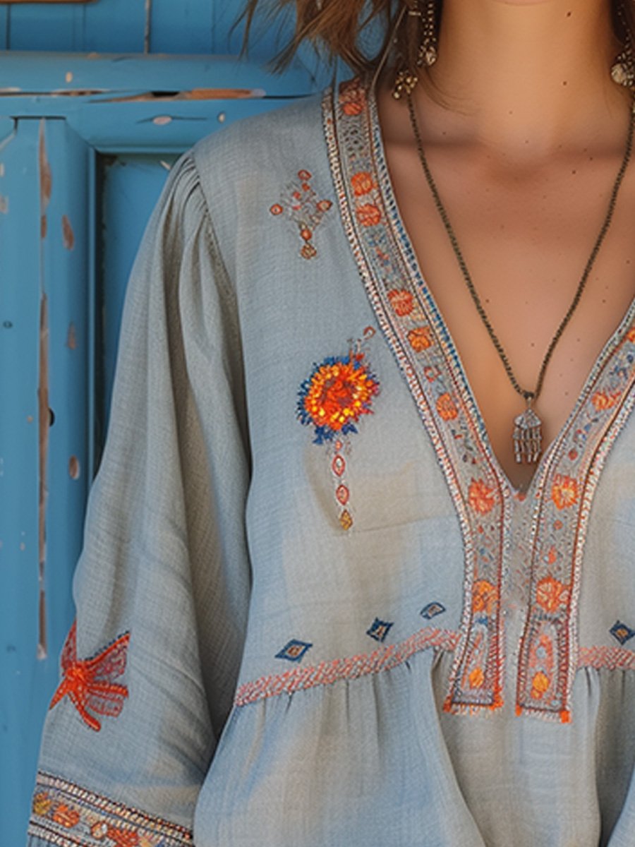 Women's Boho Embroidered Flowy Blouse - Effortless Artisan Style