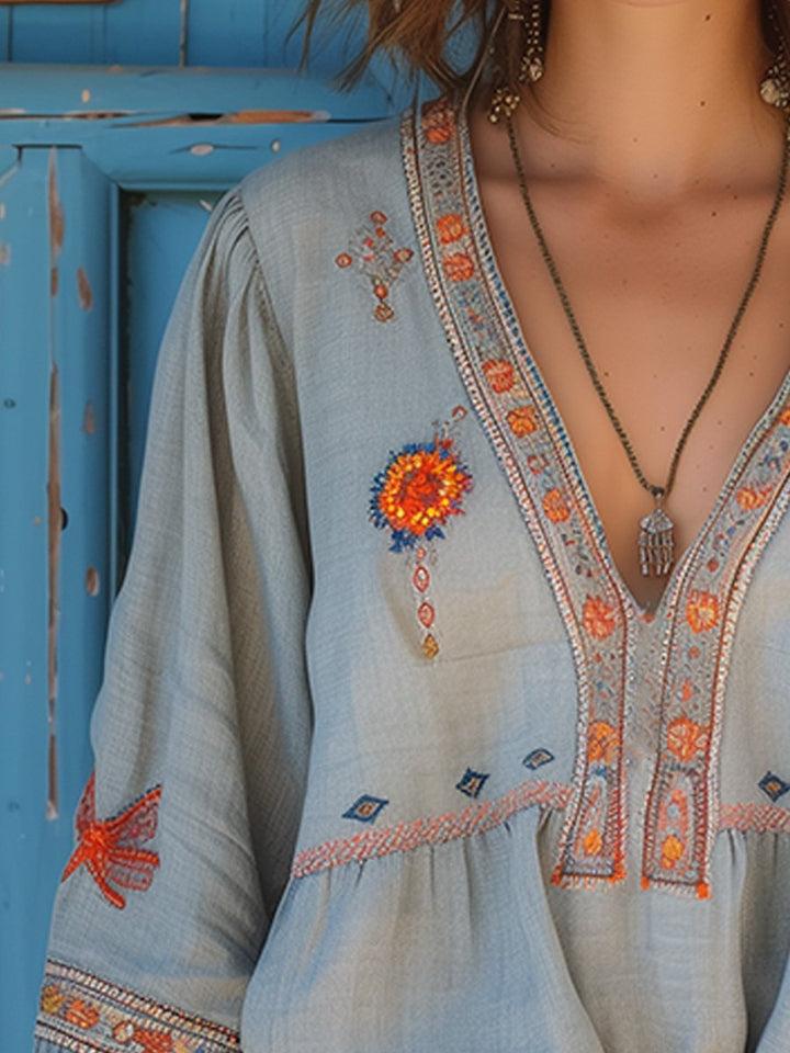 Women's Boho Embroidered Flowy Blouse - Effortless Artisan Style