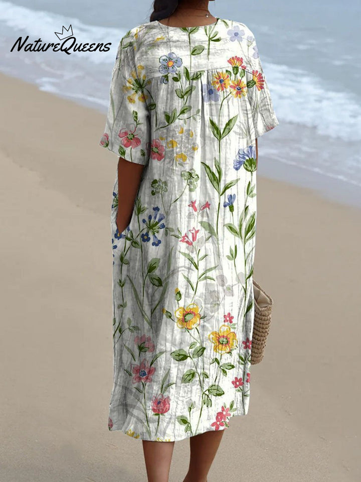 Women's Floral V-Neck Cotton Dress - Flowing Silhouette