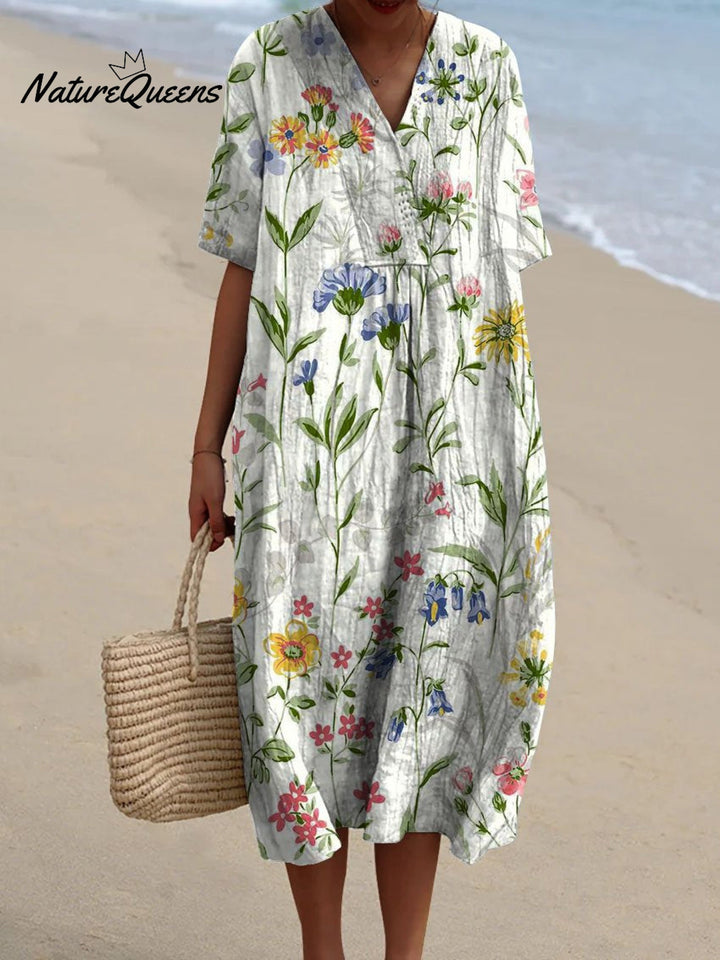 Women's Floral V-Neck Cotton Dress - Flowing Silhouette