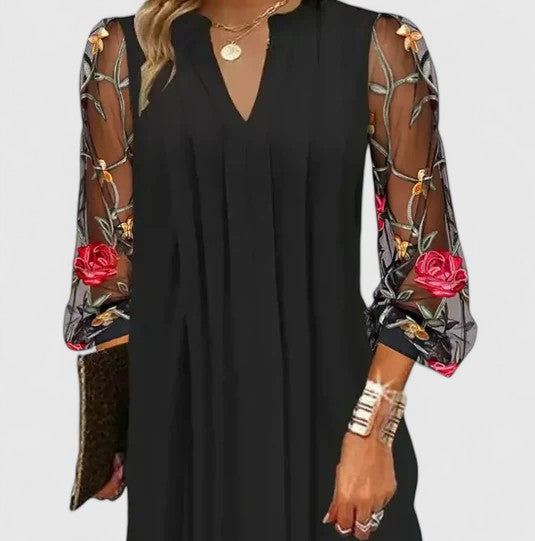 Women's V-Neck Sheer Sleeve Mini Dress - Sophisticated & Elegant