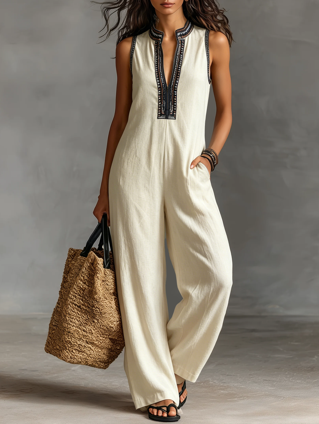 Women's Linen Blend Sleeveless Jumpsuit - Minimalist Everyday