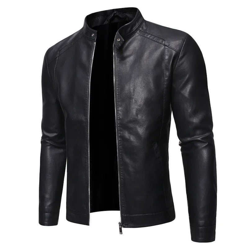 Men's Leather Jacket – Slim Stand-Collar Zip-Up Layer