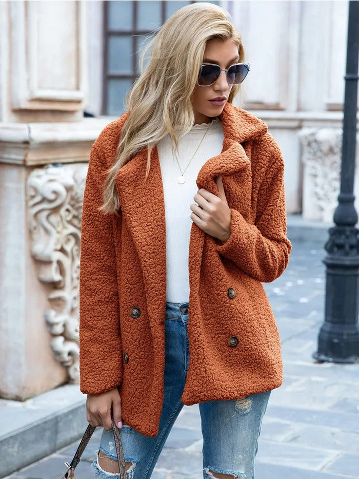 Women's Double-Breasted Teddy Coat - Elegant Winter Layer