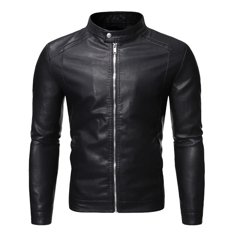 Men's Leather Jacket – Slim Stand-Collar Zip-Up Layer
