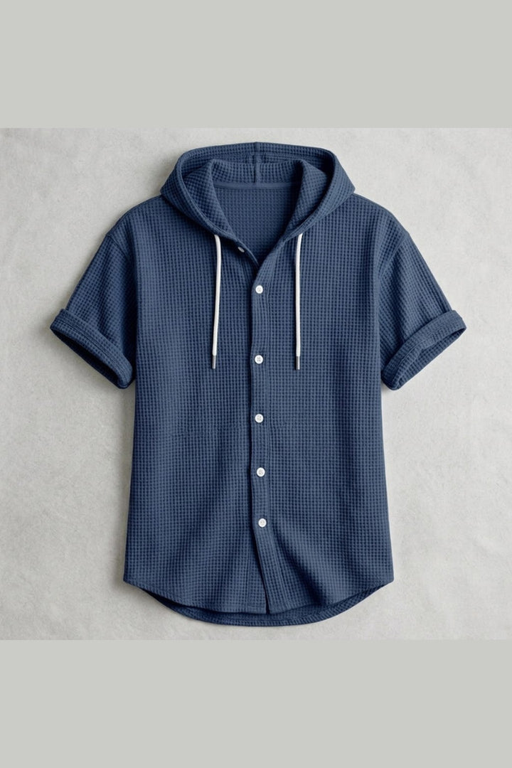 Men's Cotton Waffle Hooded Shirt – Relaxed Long-Sleeve Overshirt