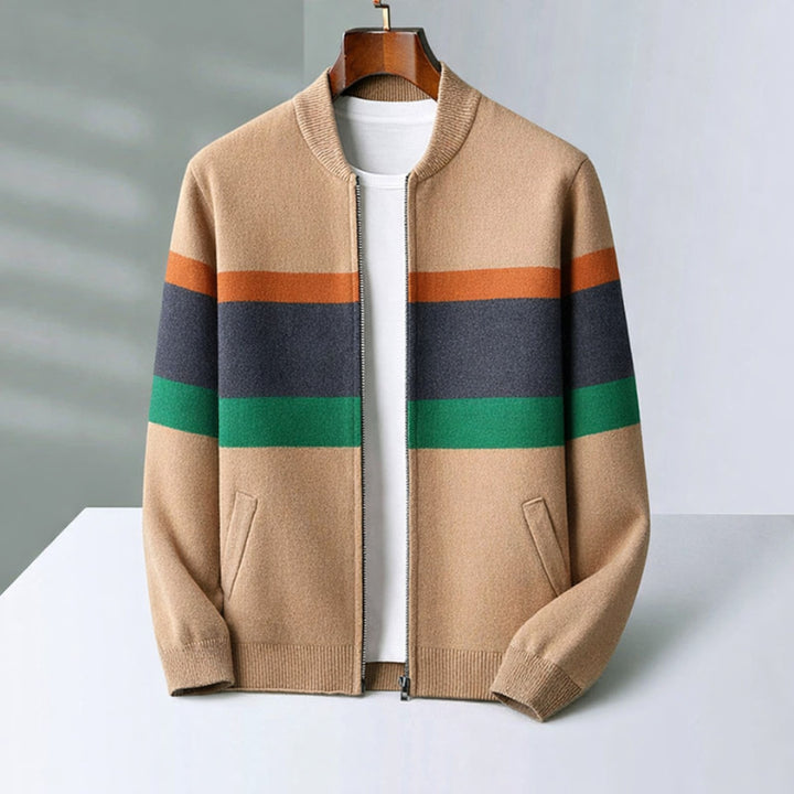 Men's Cashmere Bomber Jacket – Striped Full-Zip Knitted Layer