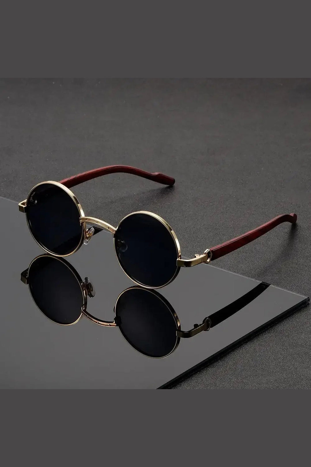 Men's Round Sunglasses - Metal Frame UV400 Wood-Grain