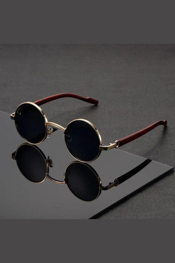 Men's Round Sunglasses - Metal Frame UV400 Wood-Grain