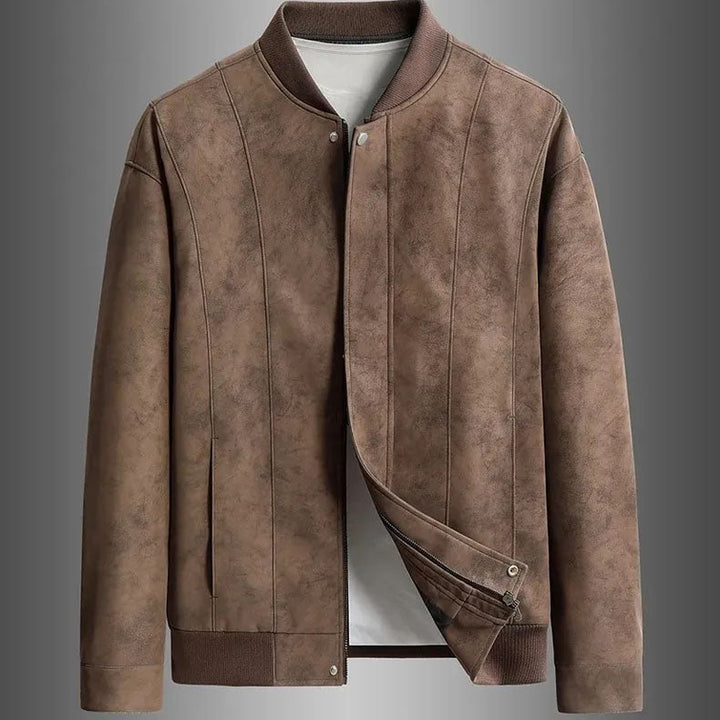 Men's Faux Suede Bomber Jacket – Panelled Baseball Collar