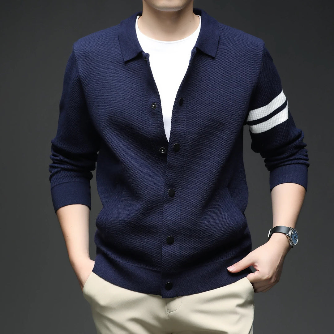 Men's Striped Cotton Knit Cardigan – Collared Button-Through