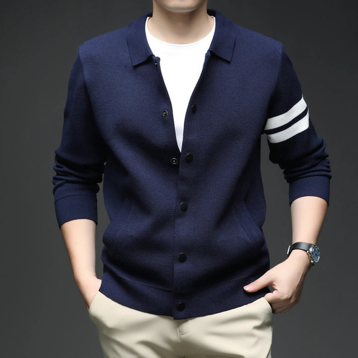 Men's Striped Cotton Knit Cardigan – Collared Button-Through