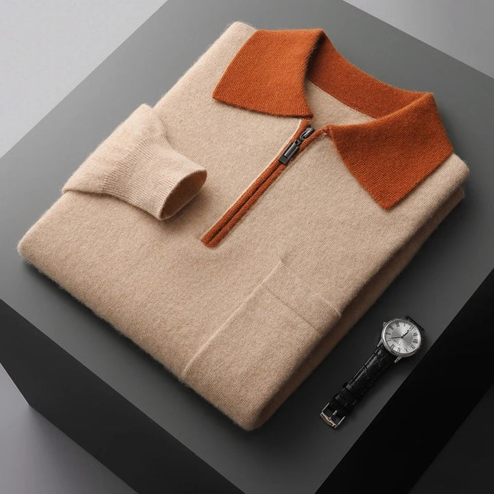 Men's Cashmere Half-Zip Polo Shirt – Contrast Collar Comfort