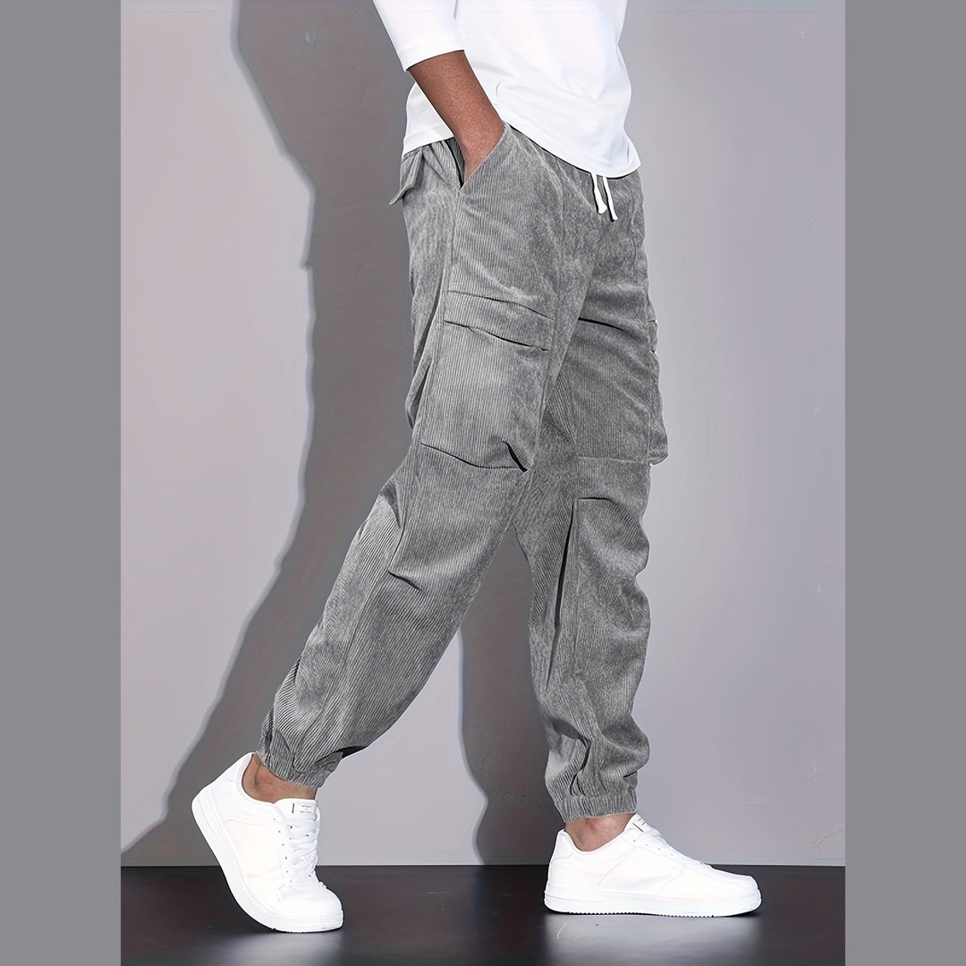 Men's Corduroy Cargo Trousers – Relaxed Tapered Drawstring Fit