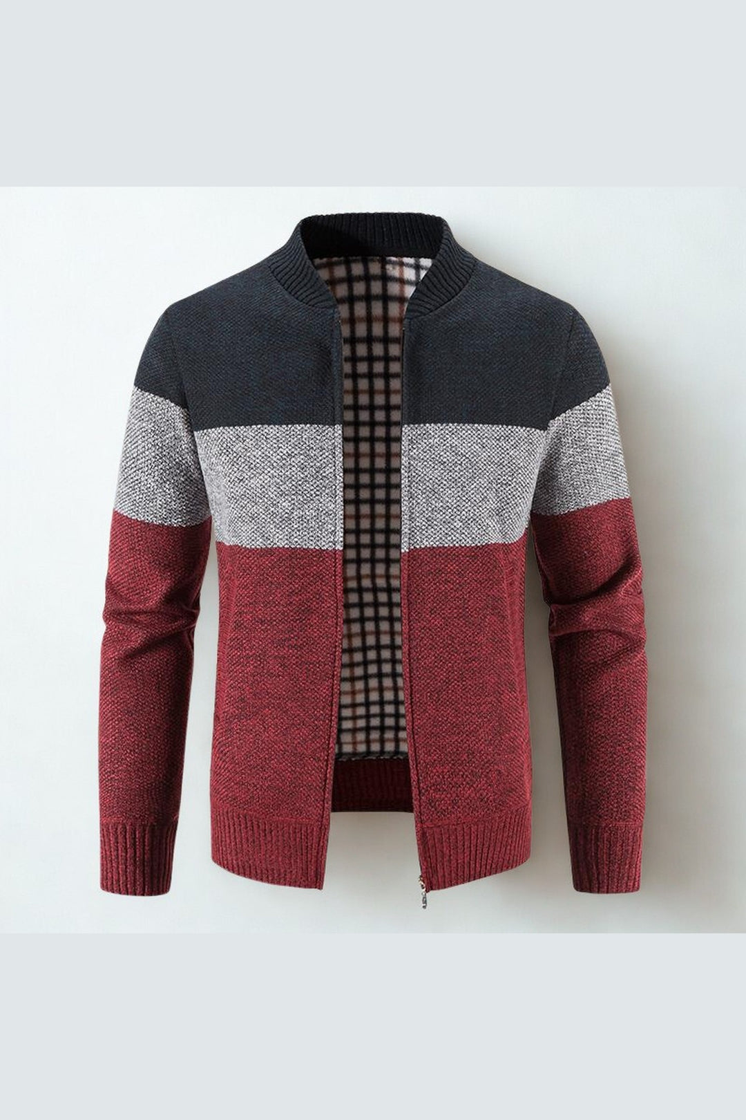 Men's Colour-Block Knit Jacket – Plaid-Lined Zip-Up Layer