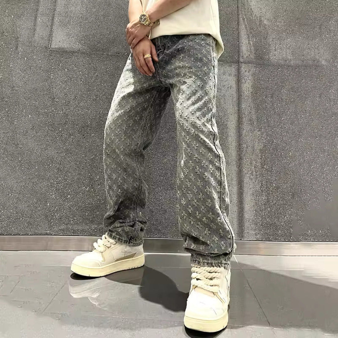 Men's Relaxed Straight-Leg Jeans – Washed Patterned Denim