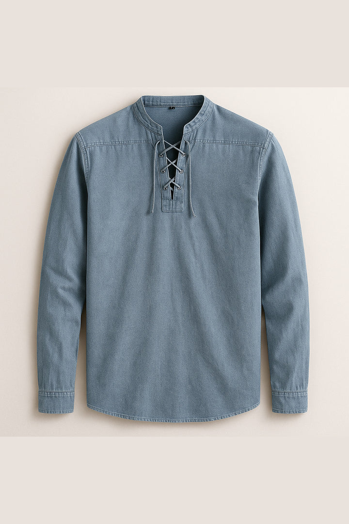 Men's Linen Cotton Lace-Up Shirt – Band Collar Relaxed Fit