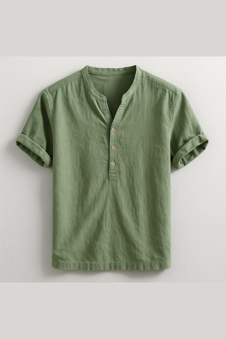Men's Linen Cotton Henley – Band Collar Summer Shirt