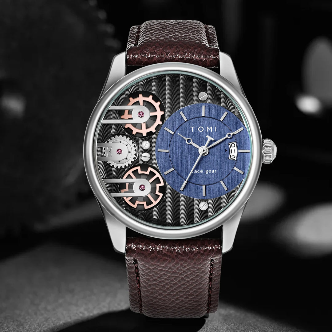 Men's Gearline Quartz Watch – Textured Dial & Leather Strap