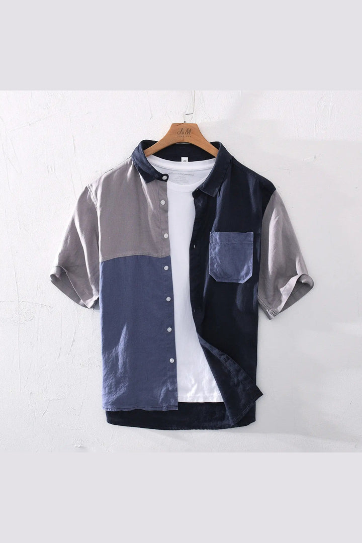 Men's Cotton Blend Shirt – Short Sleeve Panel Design – Chest Pocket