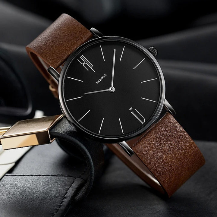 Men's Leather Strap Dress Watch – Slim Stainless Steel Case