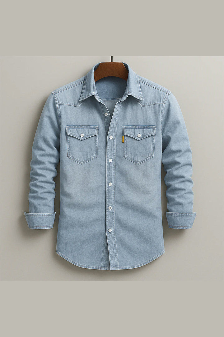 Men's Soft-Washed Denim Shirt – Casual Snap-Pocket Button-Down