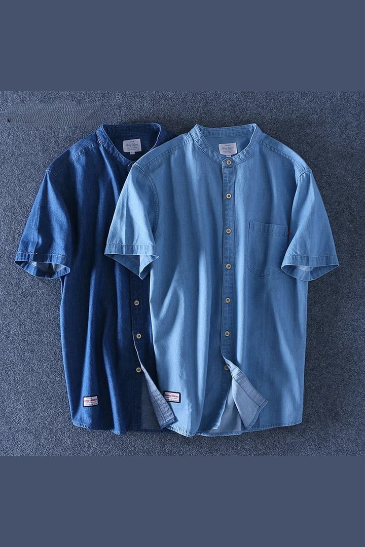 Men's Lightweight Denim Shirt – Short Sleeve Grandad Collar