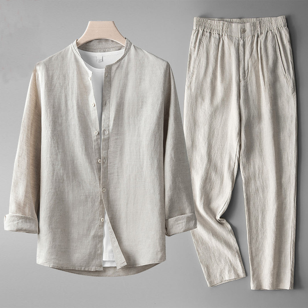Gianni Men's Linen Co-ord Set – Band Collar Shirt & Trousers
