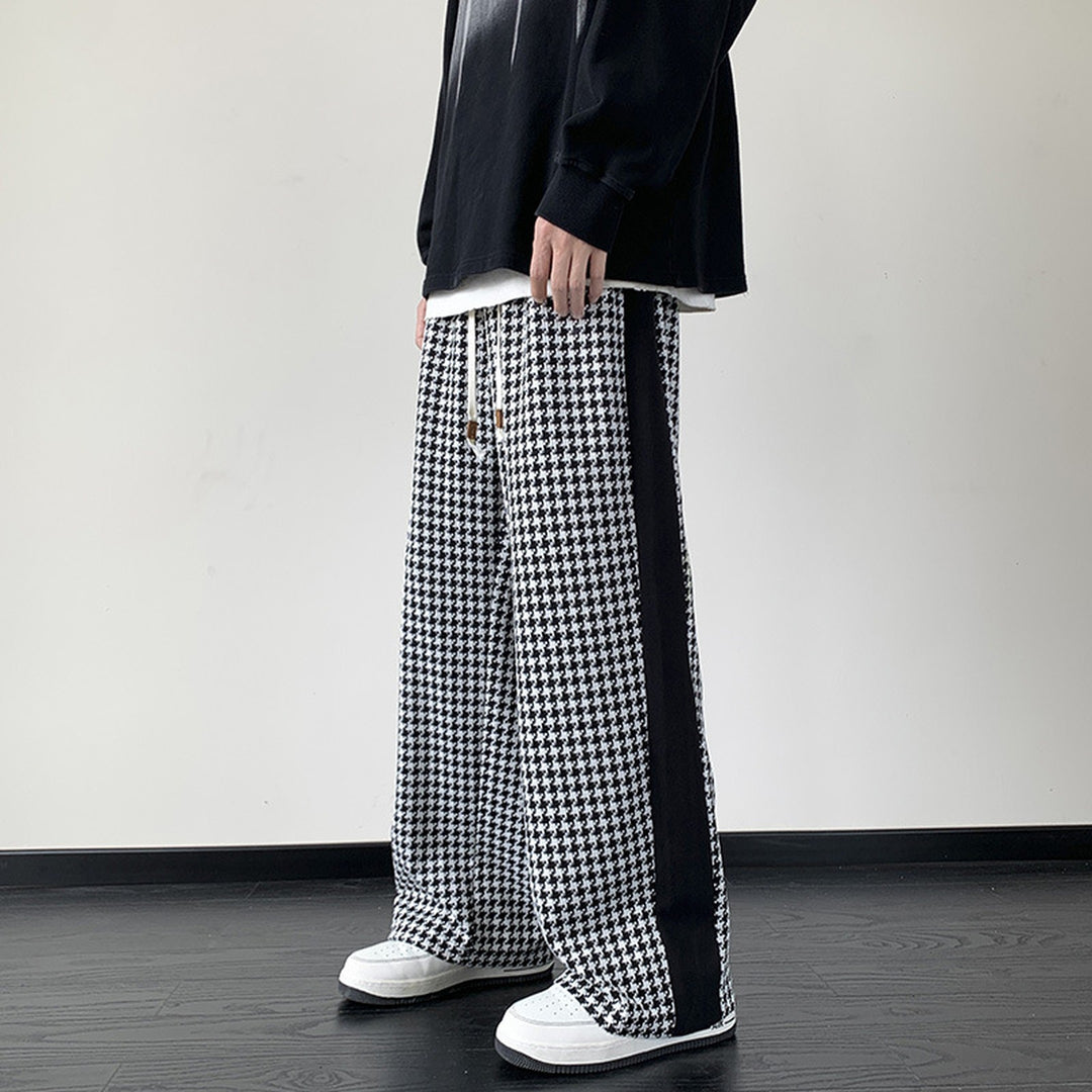Men's Houndstooth Wide-Leg Trousers – Relaxed Drawstring Fit