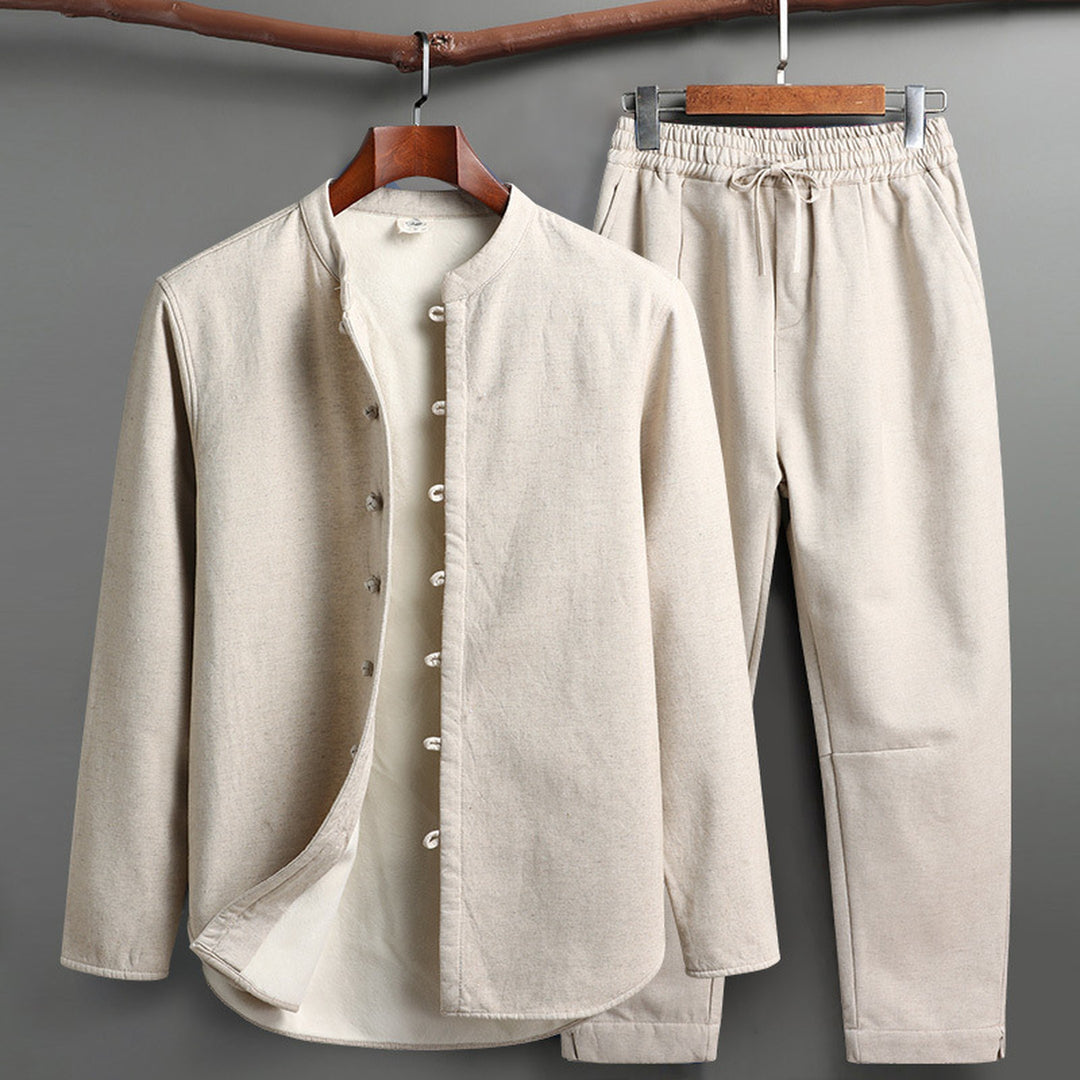 Men's Linen Lounge Set – Mandarin Collar Two-Piece Summer Co-ord