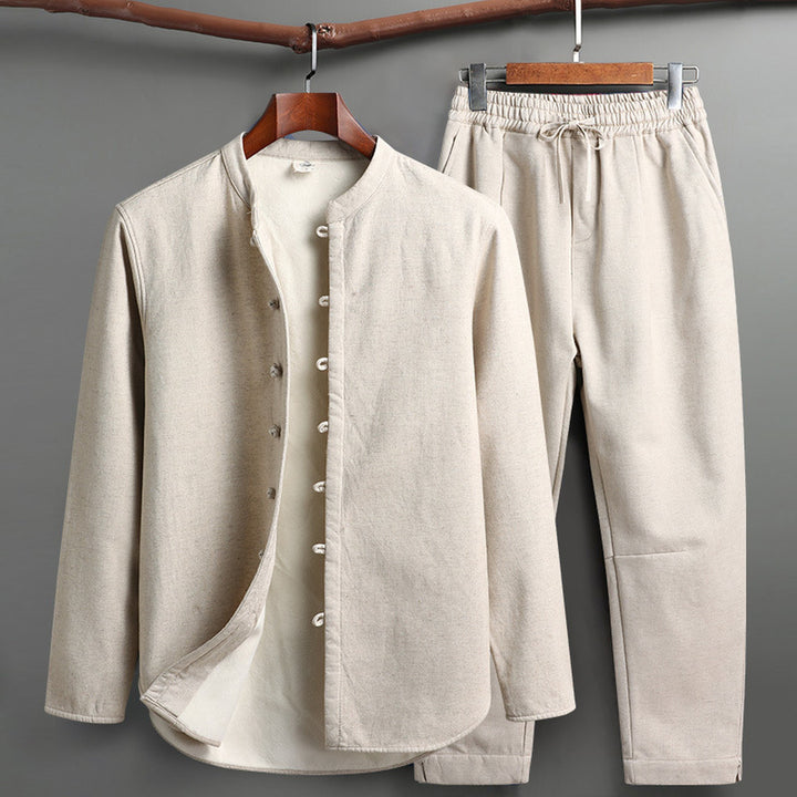 Men's Linen Lounge Set – Mandarin Collar Two-Piece Summer Co-ord
