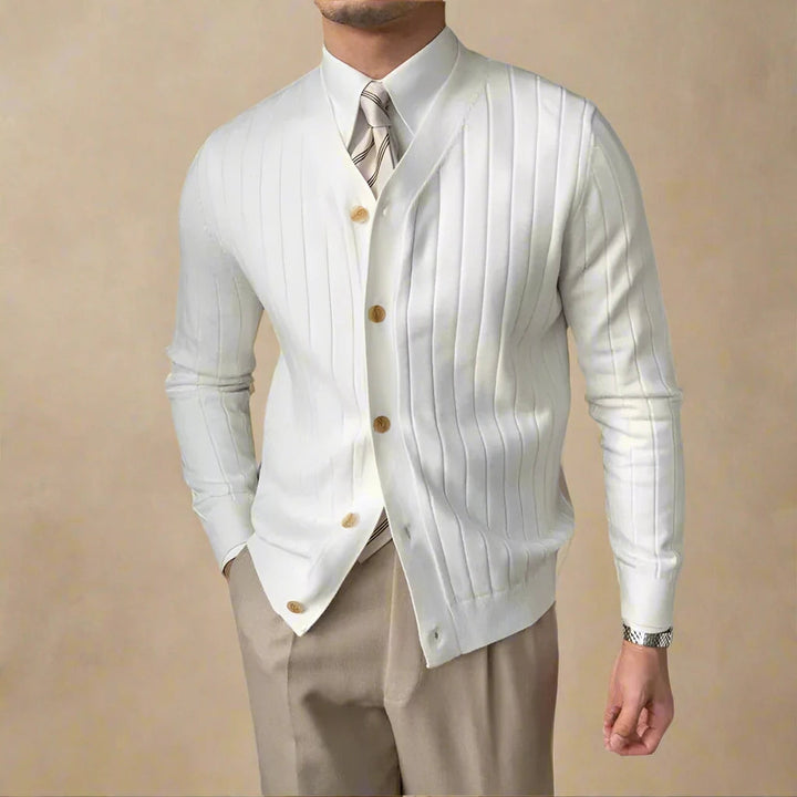Men's Pleated Knit Cardigan – V-Neck Button-Front Layer