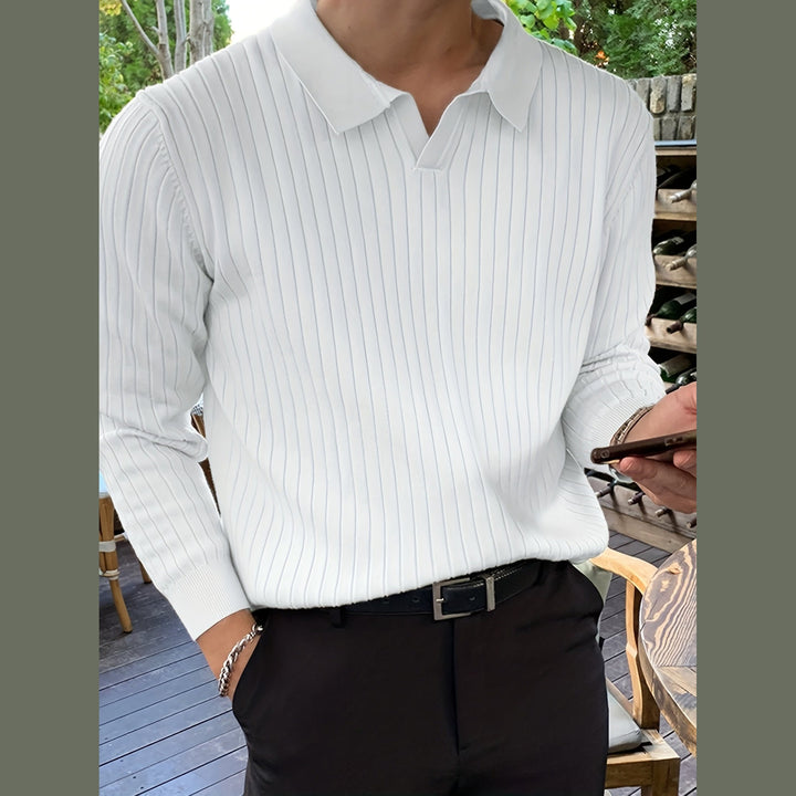 Men's Ribbed Knit Polo Shirt – Stretch Collared Smart Casual