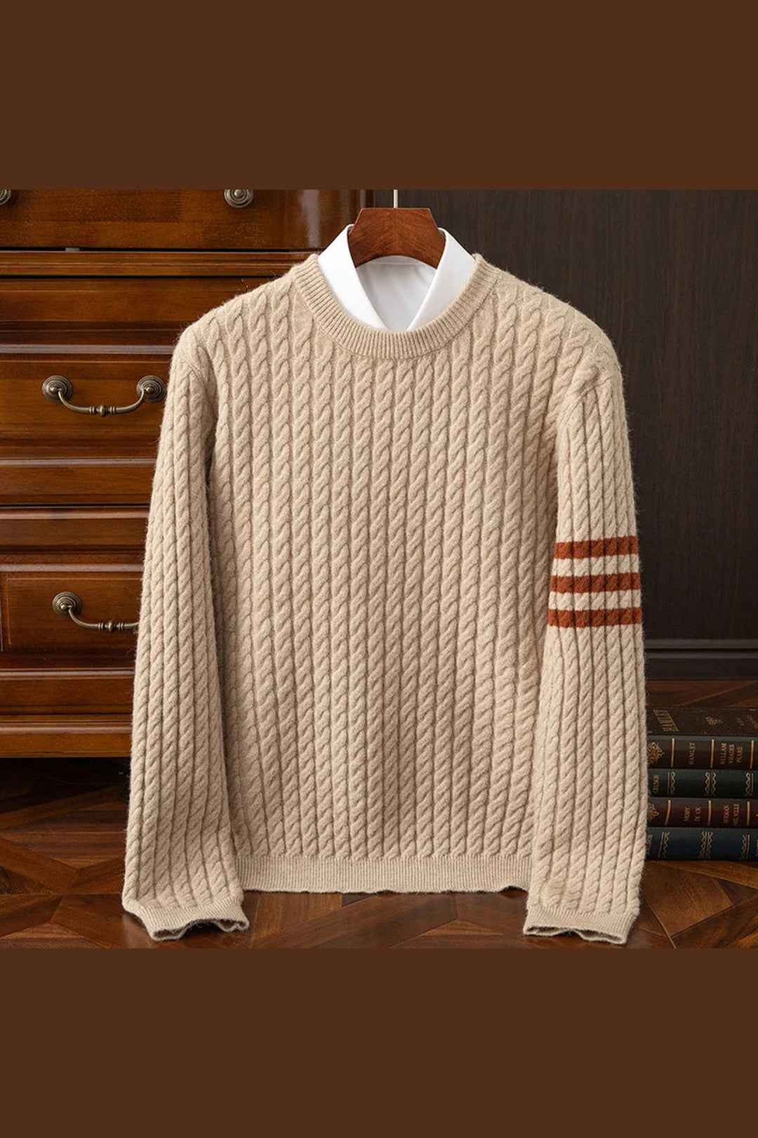 Men's Wool Blend Crew Neck Jumper – Tri-Stripe Twisted Knit