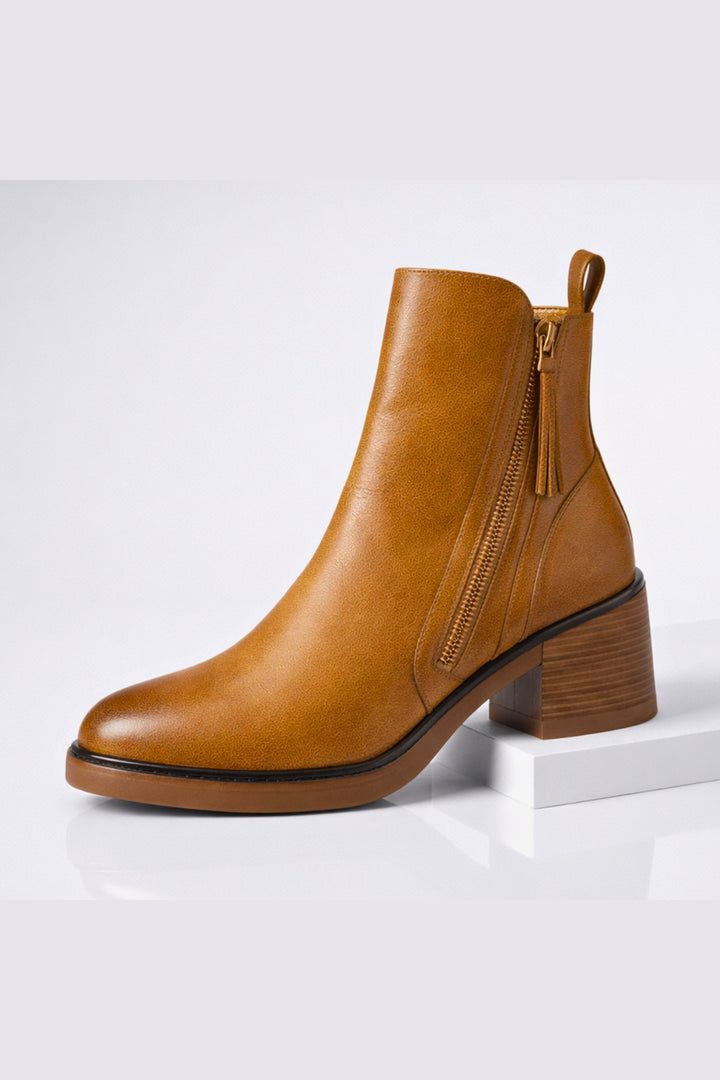 Women's Leather Ankle Boots – Block Heel with Side Zip