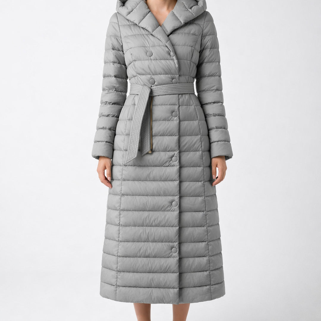 Women's Down Quilted Trench Coat – Belted Mid-Calf Warmth