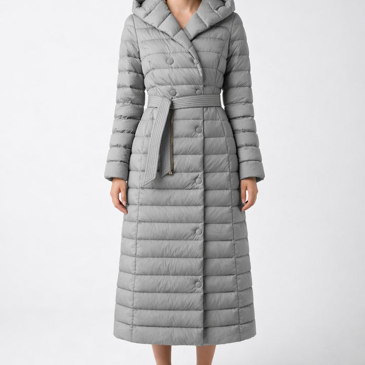 Women's Down Quilted Trench Coat – Belted Mid-Calf Warmth