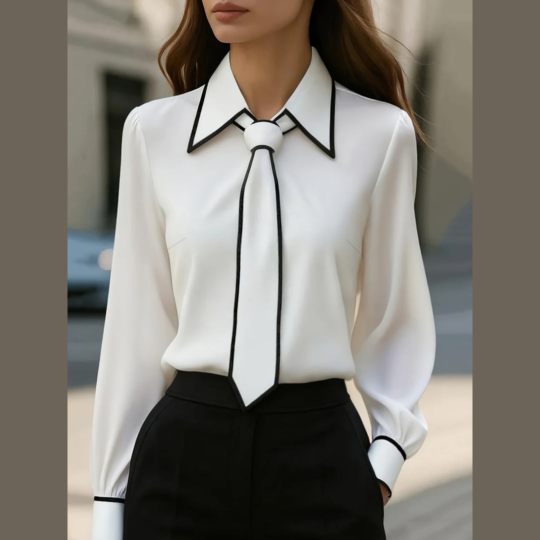 Women's Cotton-Blend Tie Blouse – Contrast Piping Workwear