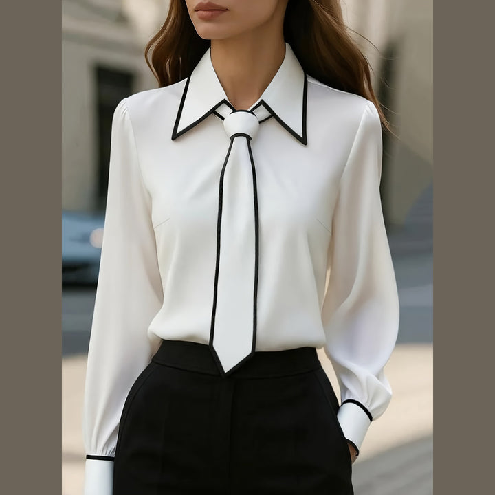 Women's Cotton-Blend Tie Blouse – Contrast Piping Workwear