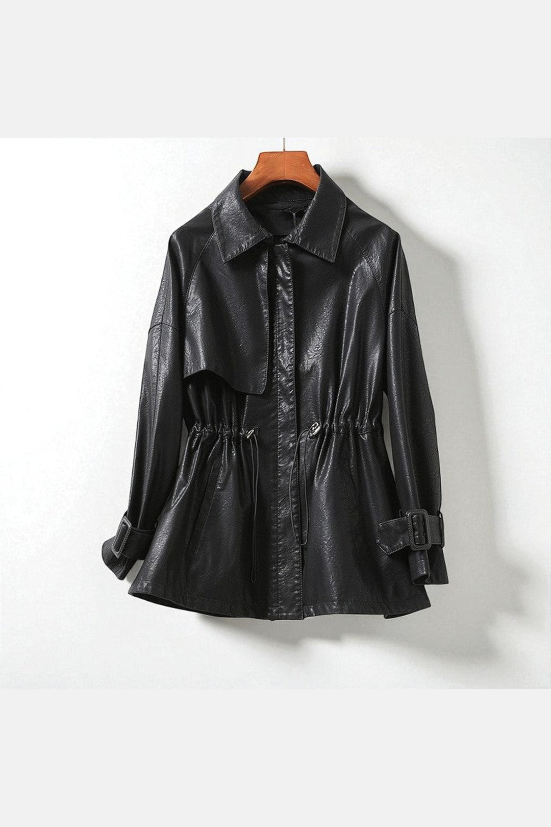 Women's Sheepskin Leather Jacket – Cinched Drawstring Trench Style