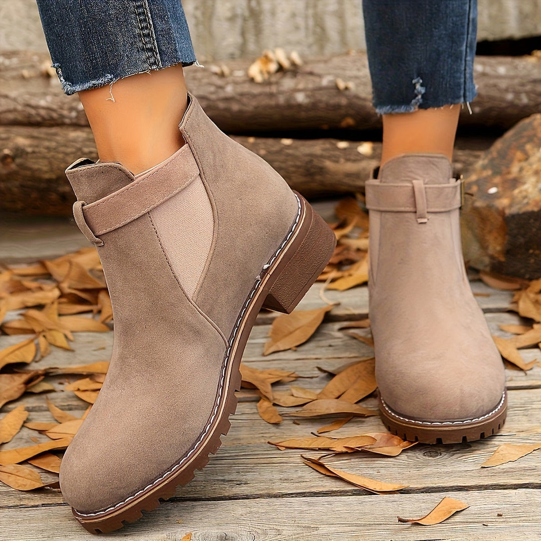 Women's Faux Suede Buckle Chelsea Boots – Low Block Heel