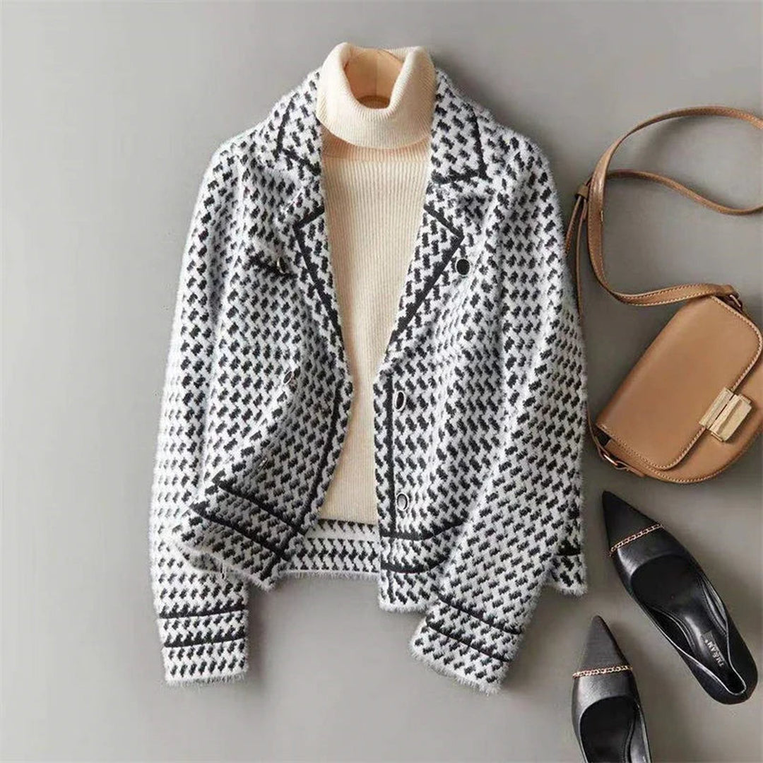 Women's Houndstooth Knit Jacket – Tailored Blazer-Style Layer