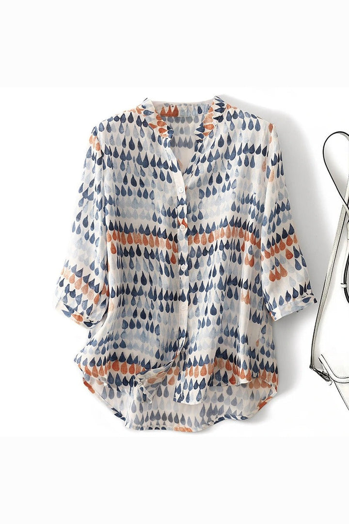 Women's Printed Linen Blouse – Relaxed Raindrop-Print Top